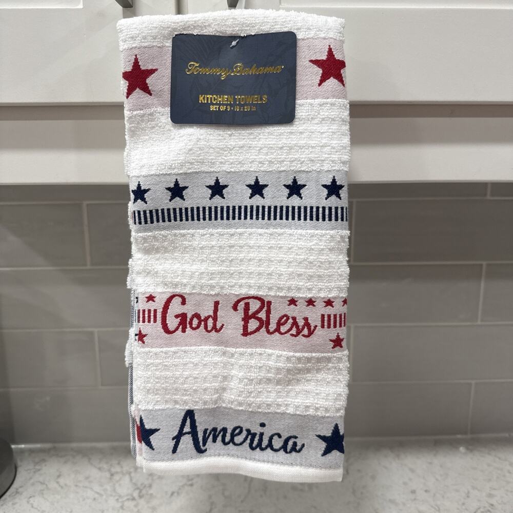 Set of 3 “God Bless America” TOMMY BAHAMA KITCHEN TOWELS RED WHITE BLUE NEW